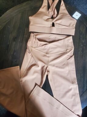 Fabletics Ribbed High-Waist Flared  Leggings and V-Back Sports Bra - Taupe